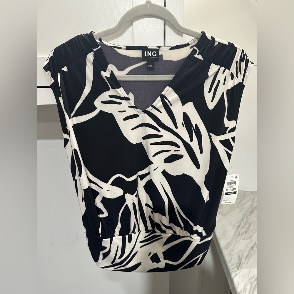 INC International Concepts Black and White Abstract V-Neck Dress